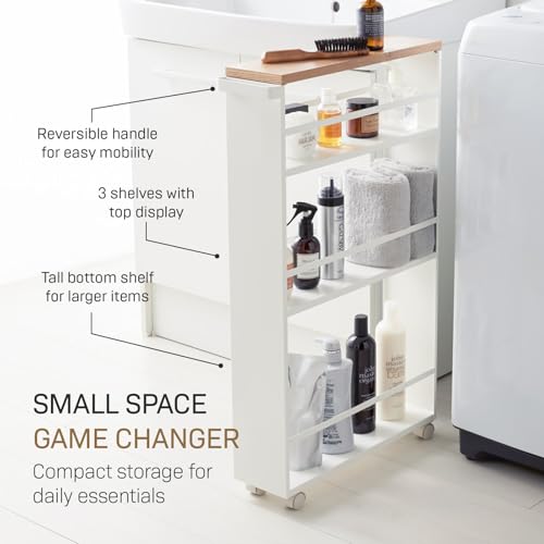 YAMAZAKI home Tower Rolling Slim Storage Cart With Handle White | Narrow kitchen storage cabinet with built-in handle. Slim rolling storage cart with wheels. Easy assembly. Keeps items tidy. - color: White
