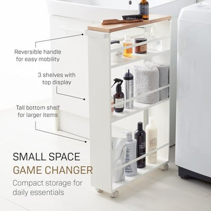 YAMAZAKI home Tower Rolling Slim Storage Cart With Handle White | Narrow kitchen storage cabinet with built-in handle. Slim rolling storage cart with wheels. Easy assembly. Keeps items tidy. - color: White