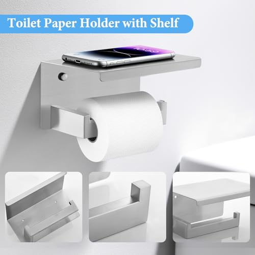 TURS Bathroom Hardware Set Brushed Nickel 4-Piece Towel Bar Set Include 24 Inch Towel Bar Towel Ring Towel Hook Toilet Paper Holder with Shelf Wall Mounted. - color: Brushed Nickel, size: Set C