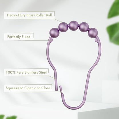 Shower Curtain Hooks, Rust Resistant Purple Shower Curtain Hooks for Bathroom, Stainless Steel Glide Shower Hooks Hangers for Bathroom Shower Rods Curtains, Set of 12 Hooks, Greyish-Purple - color: Greyish-purple, style: Single Hooks