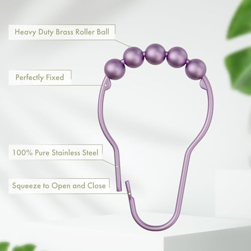 Shower Curtain Hooks, Rust Resistant Purple Shower Curtain Hooks for Bathroom, Stainless Steel Glide Shower Hooks Hangers for Bathroom Shower Rods Curtains, Set of 12 Hooks, Greyish-Purple - color: Greyish-purple, style: Single Hooks