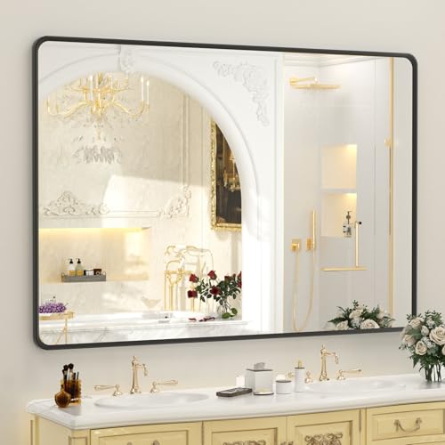 OKPAL 50X40 Inch Matte Black Bathroom Mirror, Black Framed Bathroom Vanity Mirror, Black Rectangle Mirror, Round Corner, Rustproof, Shatter-Proof (Horizontal/Vertical) - color: Matte Black, size: 50"L x 40"W