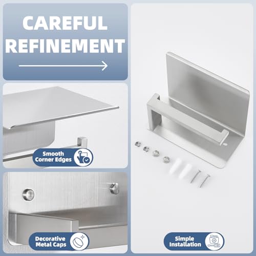 Toilet Roll Holder with Shelf, Brushed Nickel, 304 Stainless Steel | Phone & Small-Item Storage, Clean Modern Look, Guest Bathroom & Powder Room Use, Concealed Screw Mounting - color: Brushed Nickel, size: Single Rod
