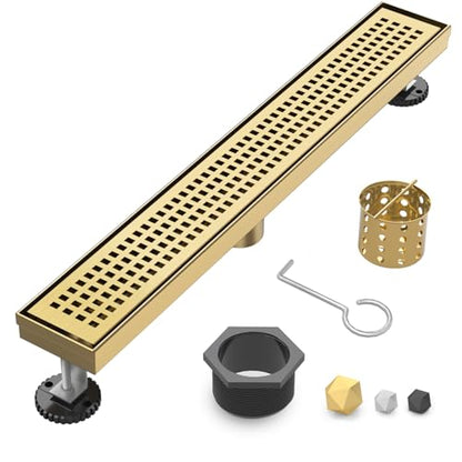 28 Inch Linear Shower Drain - Brushed Gold, with Removable Grate | AISI 304 Stainless Steel Shower Drain, Long Rectangle Shower Floor Drain with Adjustable Feet, Fits Bathroom & Balcony etc - color: Brushed Gold, size: 28 in