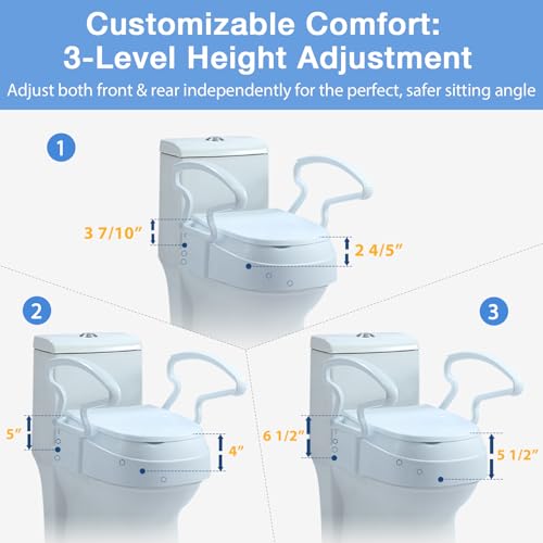 Raised Toilet Seat with Handles for Seniors, 3-Level Height Riser | with Lid, Flip-Up Arms, Fits 15.5"-19" Standard & Elongated Toilets, Secure Rear Lock, Supports 300 lbs, Easy Install