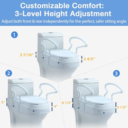 Raised Toilet Seat with Handles for Seniors, 3-Level Height Riser | with Lid, Flip-Up Arms, Fits 15.5"-19" Standard & Elongated Toilets, Secure Rear Lock, Supports 300 lbs, Easy Install
