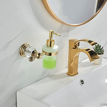 WOLIBEER Crystal Soap Dispenser Wall Mounted, Polished Gold Liquid Soap Holder Bathroom 8.5 OZ Glass Bottle with Pump Stainless Steel