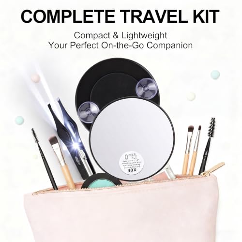 LED Lighted Tweezers & 40X Magnifying Mirror with Suction Cup Set, 2 in 1 No-Hands Makeup Mirror with Light and Precision Light Up Tweezers(Black) - color: Black
