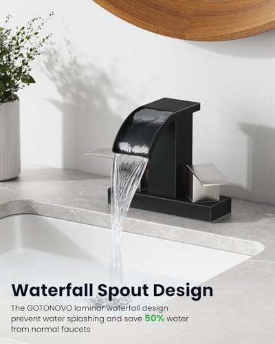 gotonovo Waterfall 4’’ Centerset Bathroom Sink Faucet Black&Brushed Nickel | 2 Handle Bathroom Faucet,SUS304,2 or 3 Hole,2.17’’ Wide Spout,24’’ cUPC Water Line,Pop Up Drain,Vanity,RV,Lavatory Modern Tap - color: Black&Nickel