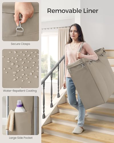 SONGMICS Laundry Basket with Wheels, 3-Section, 52.7 Gallons (199.5 L) | Rolling Laundry Hamper, Removable Liner, Steel Frame with Handle, 35.8 x 15.4 x 31.9 Inches, STEVIE Collection URLS005N01 - color: Camel Brown, size: 200 L (3-Section)