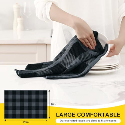 Homaxy 100% Cotton Plaid 4 Pack Kitchen Towels, 20" x 28", Black & Grey | Waffle Weave, Plaid, Super Soft and Absorbent Dish Towels, Quick Drying, Multi-Purpose - color: Black & Grey, size: 20 x 28 - 4 Pack