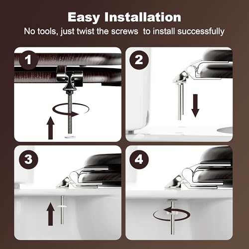Round Wood Toilet Seat Support 400 lbs, Heavy Duty Wooden Toilet Seat with Natural Wood Veneer for Bathroom, Dark Walnut Toilet Lid with Chrome Hinges, Grip-Tight Bumpers, Easy Clean, Easy Install
