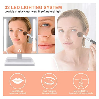 Foldable Makeup Mirror, Vanity with 32 Dimmable LED Lights with Wide-Angle t-Button Screen and Countertop Adjustable
