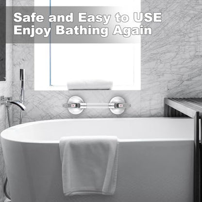 15-Inch Shower Handle - Upgraded Grab Bar with Strong Suction Cups for Bathtub & Shower Safety, Ideal for Seniors, Elderly, Disabled -Silver