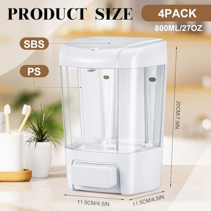 Hushee 4 Pcs Plastic Wall Mounted Soap Dispenser Commercial Manual Soap Containers Wall Dispenser for Kitchen Shower Hotel Liquid Shampoo Gel Chamber(27 oz 800 ml,White) - color: White, size: 27 oz 800 ml