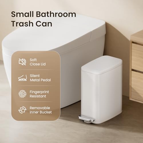 Cesun Slim Bathroom Trash Can with Lid, Soft Close, White, 6L/1.6 Gallon | Hidden Trash Bag Design, Small, Stainless Steel, Removable Inner Bucket, Foot Pedal, Odor Control, for RV/Office/Bedroom - color: White