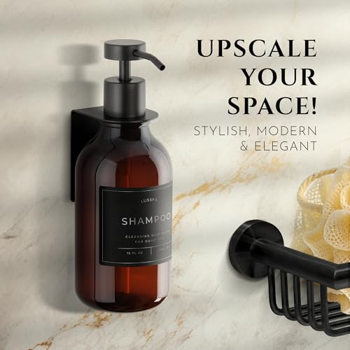 Shower Shampoo Dispenser Wall Mounted – Refillable 16.9 oz Amber Bottle with Stainless Steel Pump & No-Drill Adhesive Holder – Soap Dispenser for Bathroom (1 X Amber/Black) - color: 1 X Amber/Black