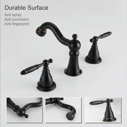 RKF Bathroom Faucets for Sink 3 Oil Rubber Bronze Hole 8 inch Widespread Bathroom Sink Faucet with Drain Double Lever Handle Faucet Bathroom Vanity Faucet Basin Mixer Tap WF013-ORB - color: ORB