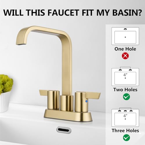 Brushed Gold Waterfall Bathroom Faucet 4 Inch Centerset,2-Handle | Stainless Steel 3-Hole Deck-Mount Design Includes Supply Lines and Pop-Up Drain for a Complete Vanity Installation - color: Brushed Gold