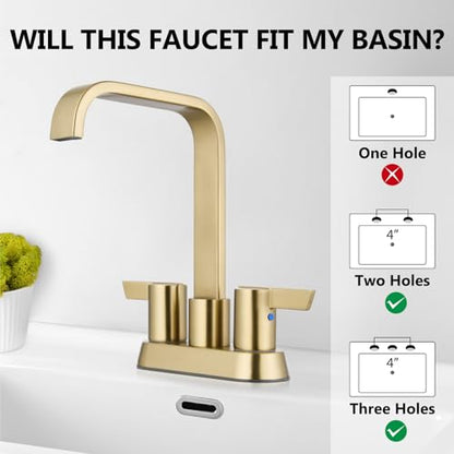 Brushed Gold Waterfall Bathroom Faucet 4 Inch Centerset,2-Handle | Stainless Steel 3-Hole Deck-Mount Design Includes Supply Lines and Pop-Up Drain for a Complete Vanity Installation - color: Brushed Gold