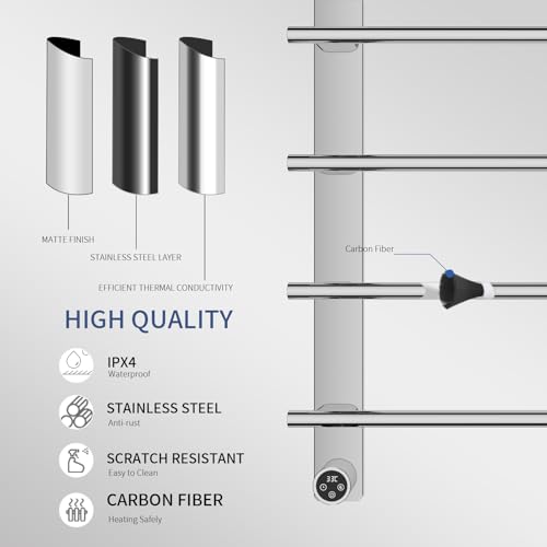 VJASS Electric Heated Towel Warmer with Timer, Wall Mounted Stainless Steel Towel Rack, 4-Bar Fast Heating Towel Drying Rack for Bathroom, Hardwired/Plug-in Options (Brushed Chrome) - color: Brushed Chrome