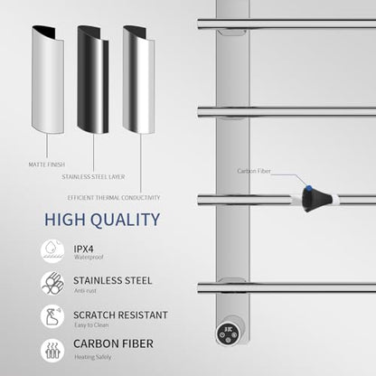 VJASS Electric Heated Towel Warmer with Timer, Wall Mounted Stainless Steel Towel Rack, 4-Bar Fast Heating Towel Drying Rack for Bathroom, Hardwired/Plug-in Options (Brushed Chrome) - color: Brushed Chrome