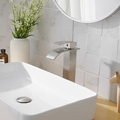Brushed Nickel Bathroom Vessel Sink Faucet Modern Waterfall Vessel Faucet | Stainless Steel Tall 1 Hole Single Handle Vanity Lavatory Modern Commercial Mixer Tap With Pop Up Drain by BATHLAVISH - color: Brushed Nickel, size: Modern Vessel Sink Faucet