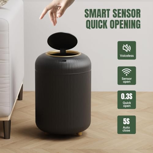 URALFA Motion Sensor Bathroom Trah Can, Automatic Touchless Trash Can | 3 Gallon Bathroom Garbage Can with Lid, Smart Trash Bin for Bedroom, Office, Restroom, Removable Legs, Black and Gold - color: Black