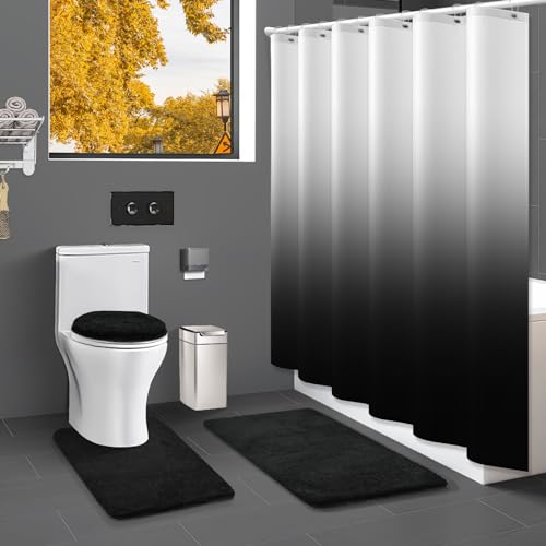 Shower Curtain Sets with Rugs and Adjustable Toilet Seat Cover | 4 Pcs Black Bathroom Sets with Shower Curtain and Rugs and Microfiber Toilet Lid Cover - color: Black