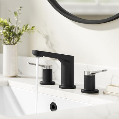 KRAUS Indy Widespread Bathroom Faucet in Spot-Free Brushed Nickel/Matte Black with 2 Handles, Pop Up Drain and Supply Lines, FUS-14103SFBNMB - color: Spot Free Brushed Nickel/Matte Black, style: Widespread