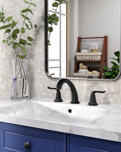 WOWOW Widespread Bathroom Faucet - 3 Hole, Black, 8 Inch Center, Double Handle, High Arc, Lavatory Basin Faucet with Pop Up Drain Assembly - color: Black