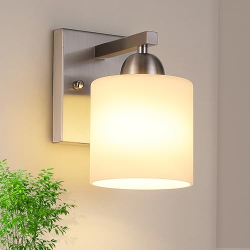 Mecgirn Brushed Nickel Milk Glass Wall Sconces, 1 Pack Hardwired Indoor Wall Light Fixtures for Living Room, Hallway, Bedroom, Ceramic E26 Sockets (Bulbs Not Included) - color: Brushed Nickel, size: 1 Light