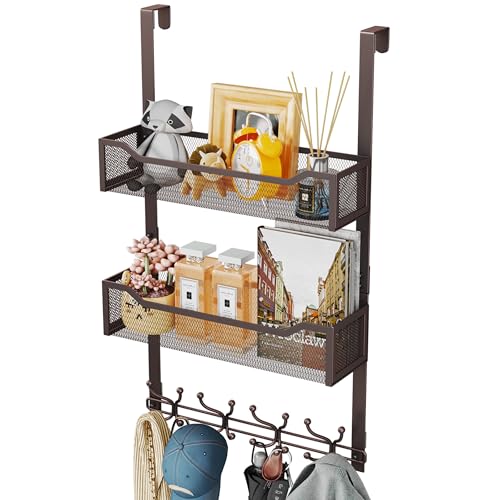 SWTYMIKI Over The Door Hooks Organizer - Multi-Functional Door Hanger with 16 Hooks & 2 Mesh Baskets, Long Coat Rack for Bathroom, Bedroom, Living Room, Home Storage Organizer, Bronze - color: Bronze