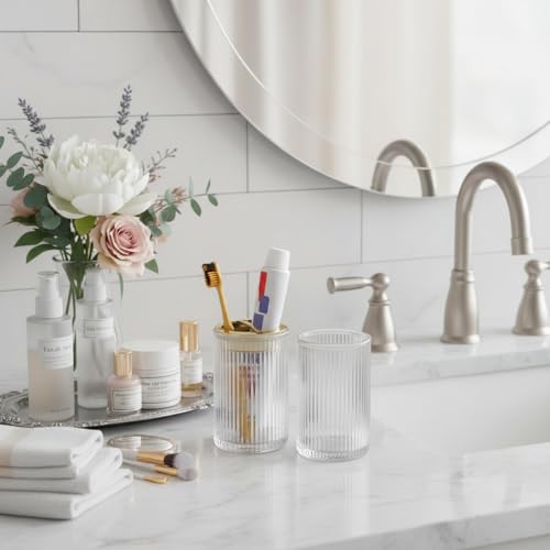 Toothbrush Holders for Bathrooms, 2pcs Clear Glass Toothbrush Holder, Bathroom Toothbrush Cup and Toothpaste Holder with Gold Divider, Tooth Brush and Toothpaste Organizer for Countertop - color: Clear Gold