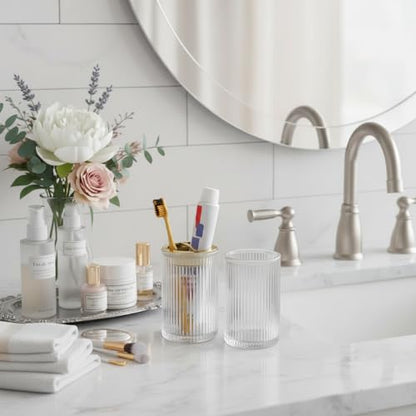 Toothbrush Holders for Bathrooms, 2pcs Clear Glass Toothbrush Holder, Bathroom Toothbrush Cup and Toothpaste Holder with Gold Divider, Tooth Brush and Toothpaste Organizer for Countertop - color: Clear Gold