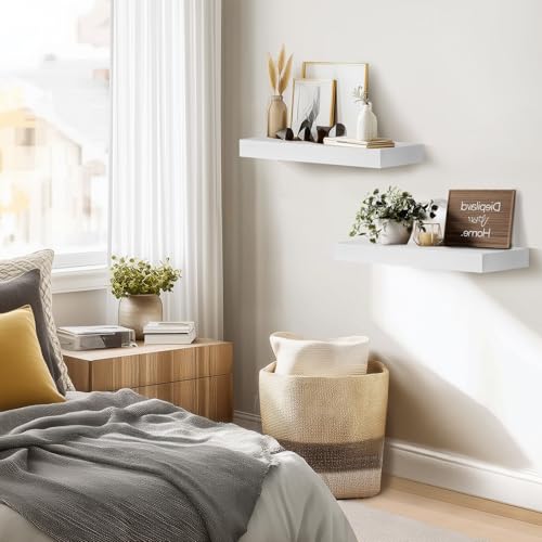 Solid Wood Floating Shelves, 17 Inch Wall Shelves, Set of 2, White | 8 Inch Deep, 1.6 Inch Thick, Extra-Wide Display Space, Mounting Hardware Included, For Kitchen, Bathroom and Living Room - color: White, size: 17x8x1.6