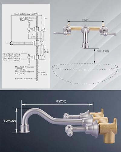 2-Handle Bathroom Faucet Brushed Nickel: WOWOW Wall Mount Bathroom Sink Faucets Brass and Rough-in Valve Included, 8 Inch Lavatory Faucet 3 Hole Antique Tap - color: Brushed Nickel