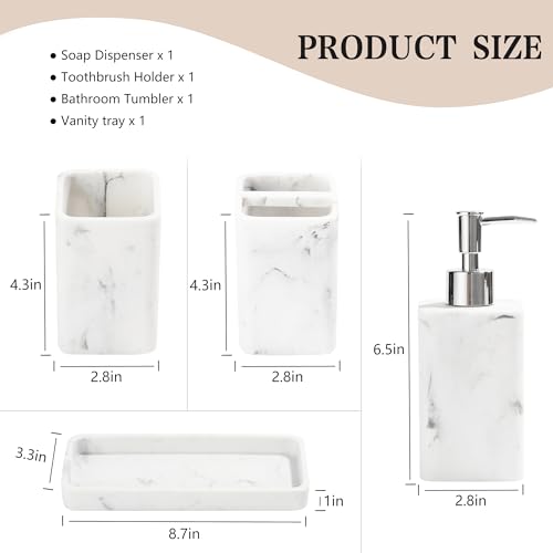 Bathroom Accessories Set, 4 Piece Toothbrush Holder Set Marble White | Bathroom Accessory Set with Soap Dispenser, Toothbrush Holder, Tumbler, Vanity Tray, Bathroom Sink Set for Modern Home Decor - style: White
