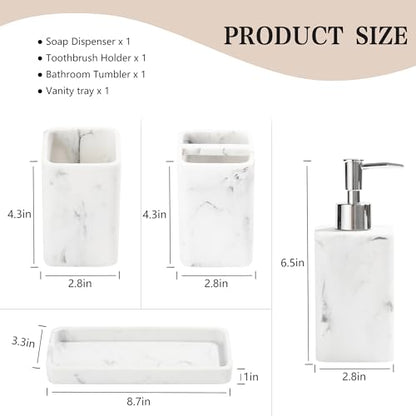 Bathroom Accessories Set, 4 Piece Toothbrush Holder Set Marble White | Bathroom Accessory Set with Soap Dispenser, Toothbrush Holder, Tumbler, Vanity Tray, Bathroom Sink Set for Modern Home Decor - style: White