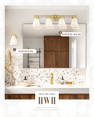 Bathroom Light Fixtures Brushed Gold, HWH 4 Light Vanity Lights Over Mirror, Modern Wall Lamp Bathroom Lighting with Frosted White Striped Glass, 5HZG97B-4W BG - color: Brushed Gold, size: 4-Light