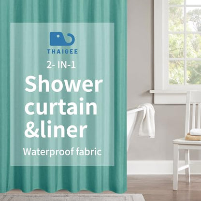 2-in-1 Waterproof Fabric Shower Curtain,No Separate Liner Needed,Linen Textured,Effortless Cleaning & Washable Bathroom Shower Curtain Set with 12 Plastic Hooks,72"x72",Teal - color: Teal, size: 72"W x 72"L (Pack of 1)