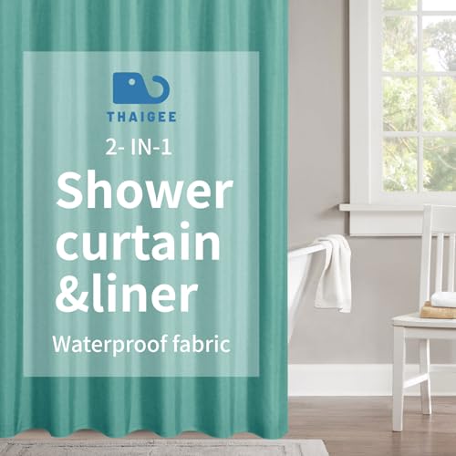 2-in-1 Waterproof Fabric Shower Curtain,No Separate Liner Needed,Linen Textured,Effortless Cleaning & Washable Bathroom Shower Curtain Set with 12 Plastic Hooks,72"x72",Teal - color: Teal, size: 72"W x 72"L (Pack of 1)