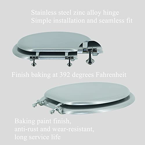 Round Toilet Seat Wood Toilet Seat Prevent Shifting with Zinc Alloy Hinges American Standard Size Toilet Seat Easy to Install also Easy to Clean(Round,Sparkling ClassicalSilver) - color: Classical Silver, size: Round