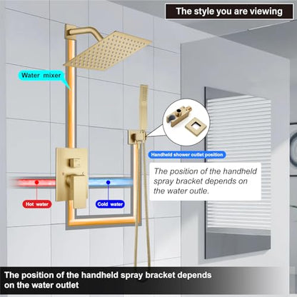 Midanya Shower Faucet Set with Handheld Sprayer,8 Inch,Brushed Gold | Rough-in Shower Valve and Trim Kit Included,Square Rain Head,Wall Mount Shower System,All Metal,Bathroom - color: Gold, size: 8 Inch