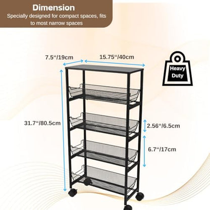 IBERG 5 Tier Slim Storage Cart with Wheels and Pull Out Baskets (Black)