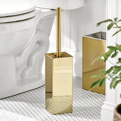 mDesign Steel Square Modern Toilet Bowl Brush and Holder for Bathroom Storage and Organization, Compact Free-Standing Design, Covered Brush - Sturdy, Deep Cleaning - Citi Collection - Soft Brass - color: Soft Brass