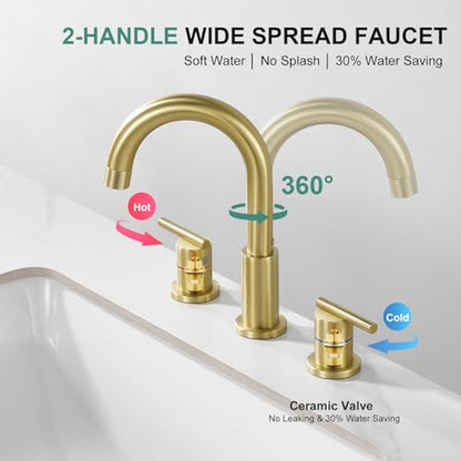Faustina Gold Faucet Bathroom,Brushed Gold Bathroom Faucets 3 Hole,8 Inch Widespread Bathroom Faucet,4 Inch 12 Inch Bathroom Faucet with Drain Assembly,2-Handle Stainless Steel(Supply Line) - color: Gold, style: Modern Widespread