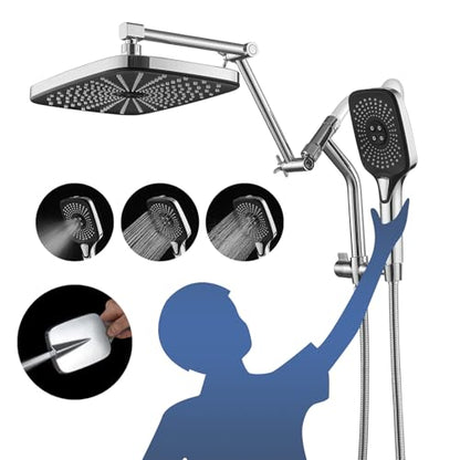 12" High Pressure Rain/Rainfall Shower Heads With Handheld Spray Combo (3+1 Settings & Built-in Power Wash Mode), Double/Dual Shower Head With Handheld - Height/Angle Adjustable(Polished Chrome) - color: Polished Chrome, size: 12 Inch