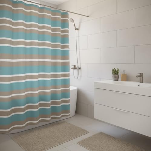 Striped Fabric Shower Curtain, Aqua Brown White Coastal Design, 70 x 72 Inches, with Hooks - color: Wendy Blue