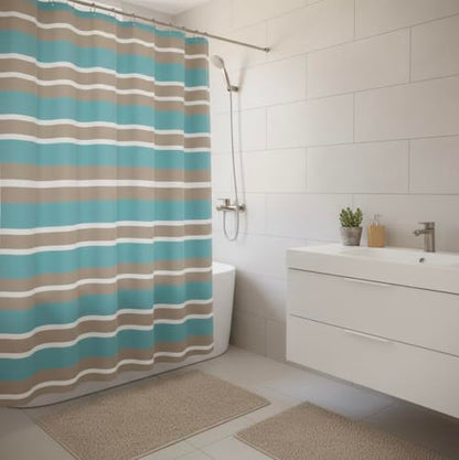 Striped Fabric Shower Curtain, Aqua Brown White Coastal Design, 70 x 72 Inches, with Hooks - color: Wendy Blue